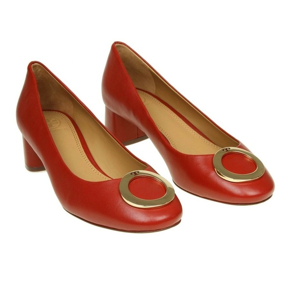 Tory Burch Caterina Pump SLIP ON SHOE GOLD LOGO RED LEATHER BLOCK Heel